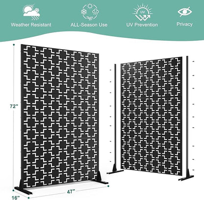 Metal Privacy Screen for Outdoor & Indoor Use, Free Standing Privacy Screen for Patio Garden Pool, 72" H x 47" W Decoative Privacy Panels, Weather Resistant, Easy Assembly (Black Square Floral)