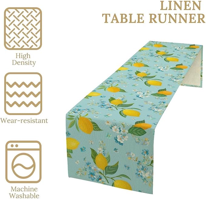 Farmhouse Lemon Fruit Table Runner,Nature Aesthetic Blue Flowers Plant Farmhouse Dining Table Decoration for Home Holiday Party Dresser Kitchen Cabin Restaurant Wedding Decor 13×120in