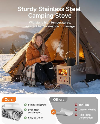 Hot Tent Wood Stove, Portable Camping Wood Burning Stove with 8 Stainless Chimney Pipes, Folding Wood Stove for Tent, Outdoor Heating, Cooking, Hunting, Ice Fishing