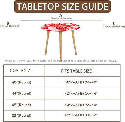 Valentines Day Round Fitted Tablecloth with Elastic Red White Love Heart Circle Table Cloth for 48-52" Round Tables Wipeable Waterproof Washable Valentine Table Cover for Picnic Dining Party Decor