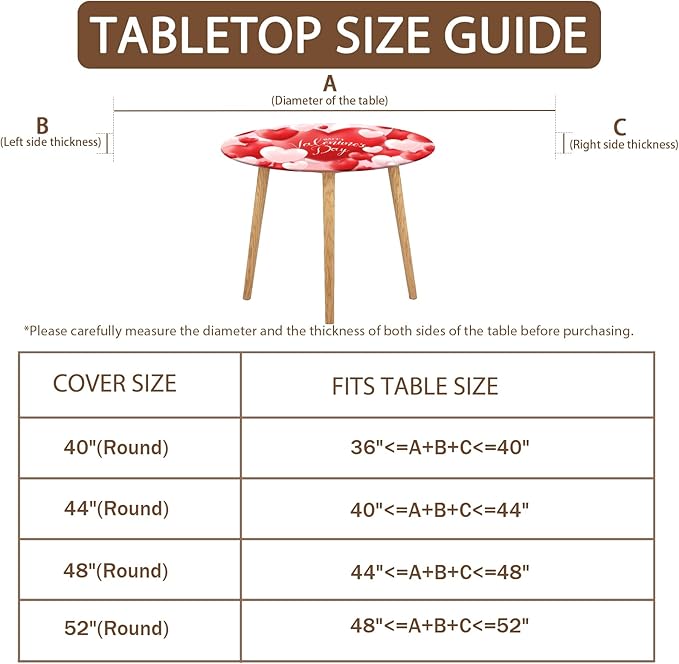 Valentines Day Round Fitted Tablecloth with Elastic Red White Love Heart Circle Table Cloth for 36-40" Round Tables Wipeable Waterproof Washable Valentine Table Cover for Picnic Dining Party Decor