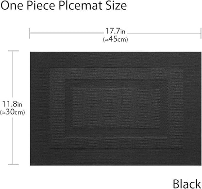 PIGCHCY Placemats,Washable Woven Vinyl Durable Placemats for Dining Table,Easy to Clean Plastic Placemats Set of 6 (18 x 12 inches, Pure Black)