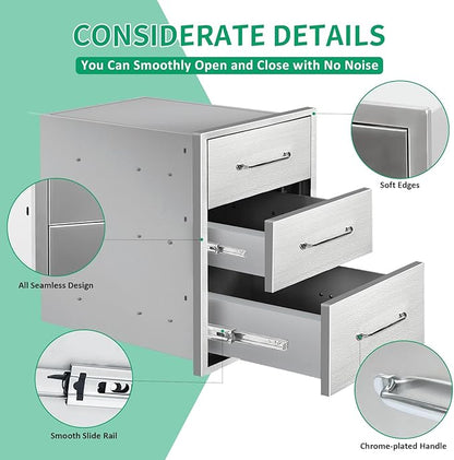 Outdoor Kitchen Drawers 16" W x 21" H x 23" D Stainless Steel Triple Drawers with Ergonomic Handle for BBQ Island, Patio Grill Station & Outdoor Kitchen Cabinets