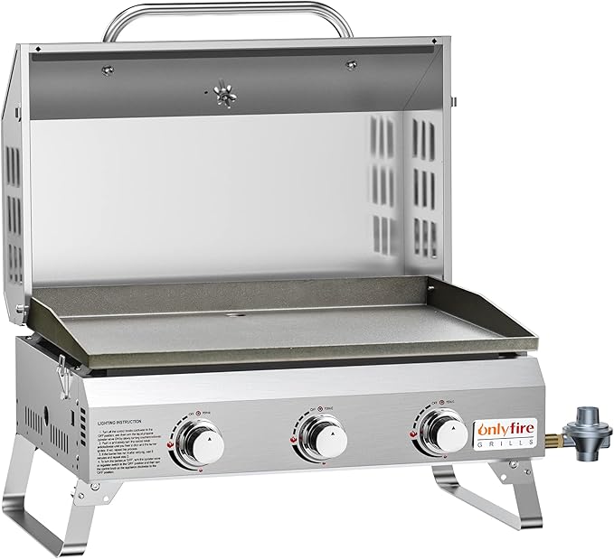 Tabletop Gas Griddle with Foldable Legs, Portable 3-Burner Propane Gas Grill Griddle Flat Top for Outdoor Cooking Patio Barbecue Camping Tailgating RV BBQ, Stainless Steel, #GS309