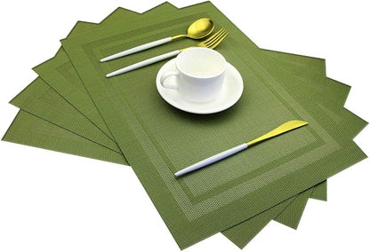 PIGCHCY Heat Insulation Non Slip Plastic Placemats,Washable Easy to Clean Woven Vinyl Kitchen Stain Resistant Placemats for Dining Table Set of 4 (Olive Green)
