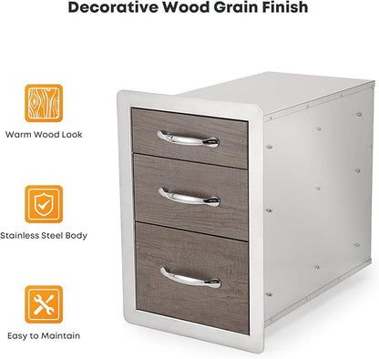 Stanbroil Outdoor Kitchen Drawers Triple BBQ Drawers 15" W x 21.3" H x 23" D, Wood Grain Access Drawer Flush Mount for BBQ Islands or Grill Station