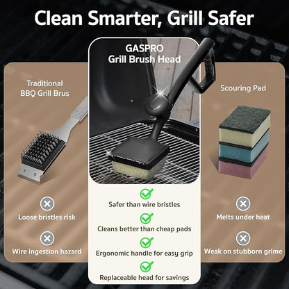 GASPRO Steam Grill Brush Bristle Free for Outdoor Grill, BBQ Cleaning Brush Set with 2 Replacement Heads, Heat-Activated Sponge & Scraper, Ergonomic Handle, Safe for Most Grates, Black