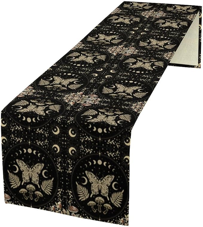 Mushroom Moth Table Runner,Vintage Boho Moon Autumn Seasonal Table Runner for Kitchen Dining Table Holiday Party Home Decor 13x108in