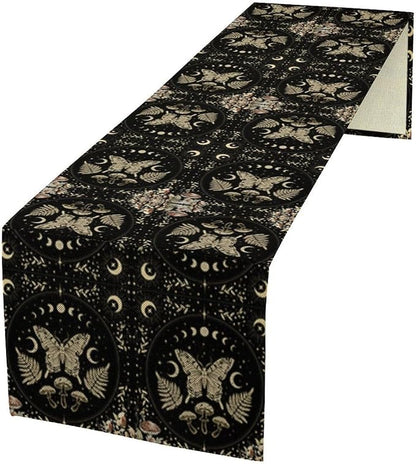 Mushroom Moth Table Runner,Vintage Boho Moon Autumn Seasonal Table Runner for Kitchen Dining Table Holiday Party Home Decor 13x60in