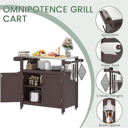 Weatherproof HIPS Outdoor Kitchen Island with Stainless Steel Top & Storage Cabinet, Movable Prep Table with Wheels for BBQ Food Prep, Outdoor Grill Cart for Parties, Brown