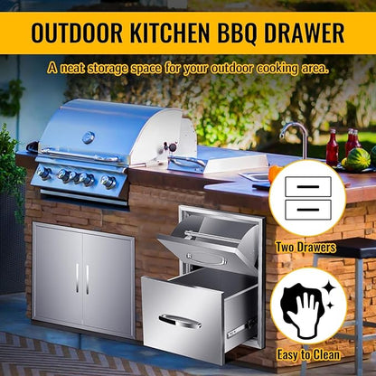 Outdoor Kitchen Stainless Steel Triple Access BBQ Drawers With Handle For BBQ Island Patio Grill Station,Double Drawers