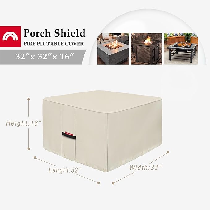 Porch Shield Fire Pit Cover - Waterproof 600D Heavy Duty Fade Resistant Square Patio Fire Pit Table Cover Beige - 32 x 32 inch