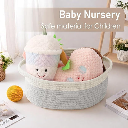 Woven Basket,Small Rope Storage Bin with Handles & Ribbon Bag, Organizer for Shelves Closets,Gift Basket Empty for Birthday,Books,Dog Toys, White&Grey/3 Pack