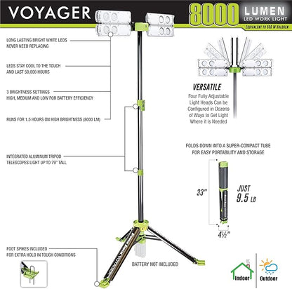 PowerSmith Voyager PVLR8000A-C 8000 Lumen Collapsible Cordless Tripod LED Work Light. BARE Light Only. 3-Way Power. AC or DC Adaptor or Battery Needed to Use Light