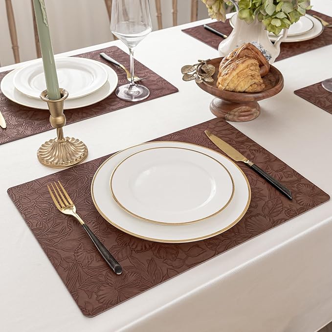 Romanstile Vinyl Placemats Set of 8-12 X 18 Inch - Heat Resistant Non-Slip Embossed Floral Place Mats 100% Waterproof Oilproof Wipeable Faux Leather Table Mats for Kitchen/Dining/Party, Brown
