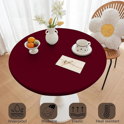 Round Fitted PU Tablecloth with High Elastic Edge 63 Inch Dia Waterproof Oil Proof Table Cloth Anti-Scald Stain-Resistant Wipeable Table Cover for Indoor Outdoor Picnic (Red,63" Dia)