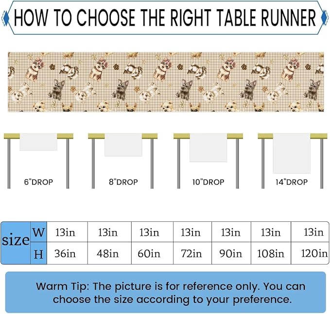 Cute Puppy Table Runner Kitchen Dining Table Runner 13*36in Table Center Decor for Indoor Outdoor Home Holiday Party
