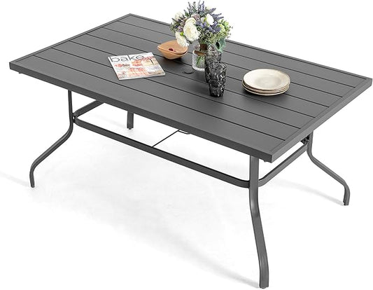 NUU GARDEN Outdoor 61" x 37" Rectangle Dining Table with 1.57" Umbrella Hole, 6-Person Steel Slat Outdoor Patio Table, for Patio, Garden, Backyard and Balcony, Gray
