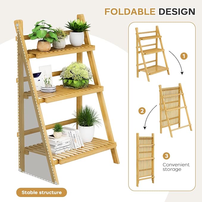 Foldable Ladder Shelf 39.4", Plant Shelf 3 Tier, Bamboo Ladder Flower Pot - Image 2