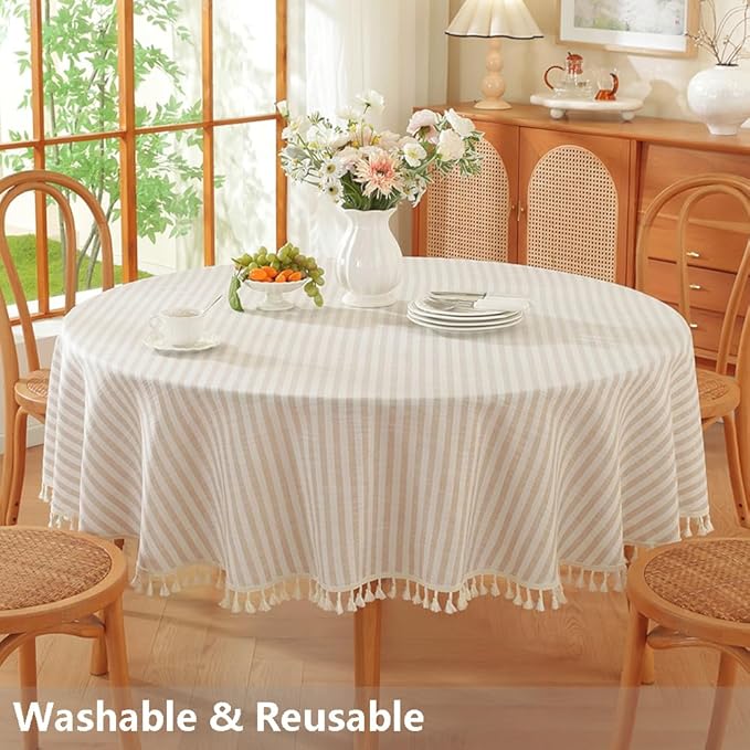 TruDelve Small Round Table Cloth 60 Inch Beige Striped Cloth Tablecloth Boho Fall Round Tablecloths for Outdoor Table Cover (Beige,60",Round)