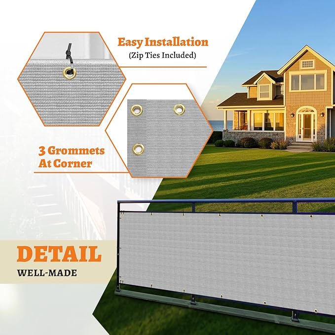 2.5' x 46' Balcony Privacy Screen Fence Cover with Zip Ties Grommets for Apartment Patio Porch Deck Backyard Outdoor (Gray)
