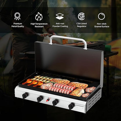 Bonnlo 4 Burner Portable Propane Griddle with Lid, 40000BTU Tabletop Flat Gas Grill with Ignition and Oil Collector, Camping Griddle for Outdoor Cooking Patio Backyard Sandbeach BBQ Party