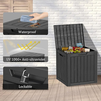 35 Gallon Resin Deck Box, Waterproof Outdoor Storage Box for Patio, Poolside, and Garden, Lockable UV-Resistant Storage Bin Bench Cabinet for Small Spaces, Black