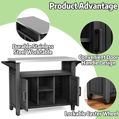 Kitchen Island Cart, 54" Outdoor Indoor Rolling Patio Serving Table with Stainless Steel Top, All-Weather Resin Cabinet with Storage & Wheels for BBQ Party, Black