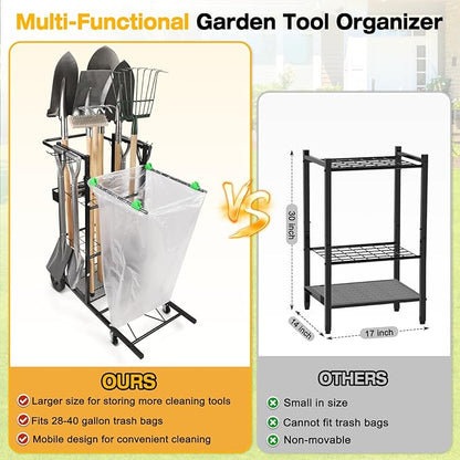 CAROD Mobile Trash Bag Holder and Tools Organizer Cart 2-in-1, Metal Cleaning Carts on 360° Wheels, Convenient Leaf Bag Holder Cleaning Cart for Leaves, Snow, Indoor-to-Outdoor Maintenance