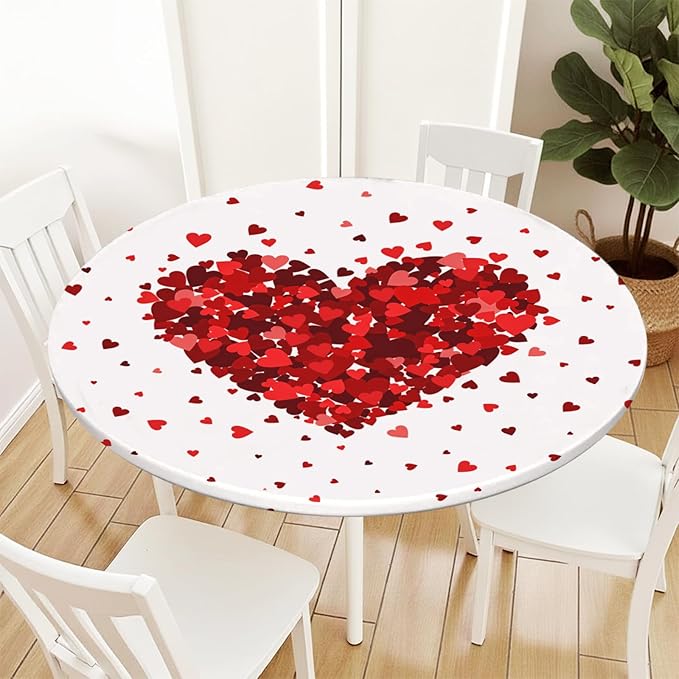 Valentines Day Round Fitted Tablecloth with Elastic Red Love Heart Circle Table Cloth for 48-52" Tables Wipeable Waterproof Washable Valentine Decorative Table Cover for Picnic Dining Party Decor