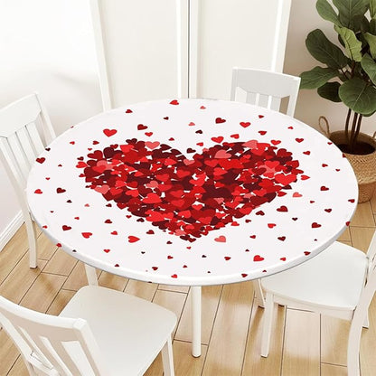 Valentines Day Round Fitted Tablecloth with Elastic Red Love Heart Circle Table Cloth for 36-40" Tables Wipeable Waterproof Washable Valentine Decorative Table Cover for Picnic Dining Party Decor
