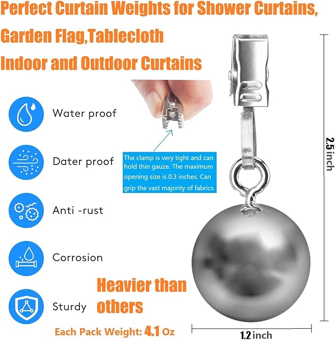 3 Pack Heavy Duty Curtain Weights, Heavy Weights for Outdoor Curtains of Pergola Patio Gazebo Cabana, Stainless Steel Weight Clip Down Curtain, Garden Flag, Shower Curtain, Tablecloth