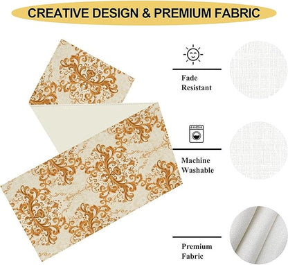 Damask Table Runner, Rustic Gold Gothic Boho Floral Flower Baroque Style Antique Vintage Retro Coffee Table Center Decor for Kitchen and Dining Outdoor Home Country Party Table Decorations, 13"x36"