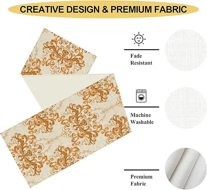 Damask Table Runner, Rustic Gold Gothic Boho Floral Flower Baroque Style Antique Vintage Retro Coffee Table Center Decor for Kitchen and Dining Outdoor Home Country Party Table Decorations, 13"x72"