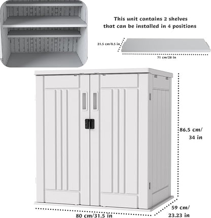 EHHLY Heavy Duty Small Storage Cabinet Outdoor Weatherproof, 14 Cuft Garage Storage Cabinet with 2 Adjustable Shelves, Lockable Kitchen Pantry Closer Organizer, 31Wx23Lx34H, Polar White