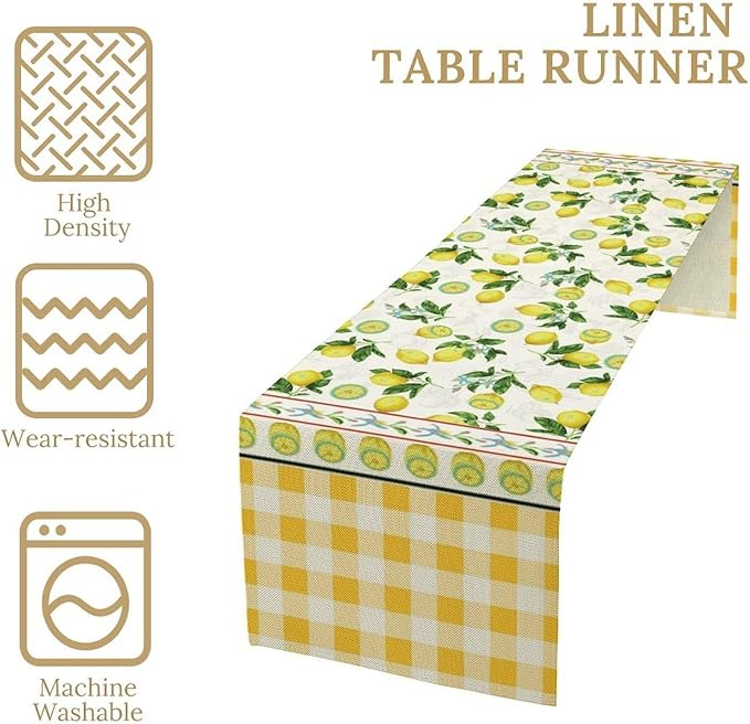 Lemon Buffalo Plaid Table Runner,Rustic Farm Fruit Aesthetic Country Farmhouse Dining Table Decoration for Home Holiday Party Dresser Kitchen Cabin Restaurant Wedding Decor 13×90in