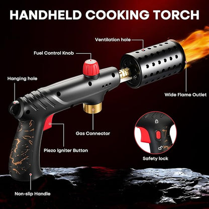 Propane Torch, Cooking Blow Torch Gun with a Safety Lock, Charcoal Lighter, Flame Thrower, Kitchen Food Torch Head for Grill, Sous Vide, BBQ (Tank Not Included) (Golden)