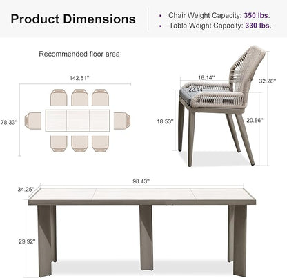PURPLE LEAF 9 Pieces Patio Dining Set Aluminum Rectangular Table and Wicker Chairs with Cushions for Kitchen Porch Garden Modern Outdoor Furniture Sets, Light Grey