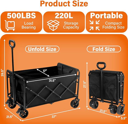 Wagons Carts Foldable — Heavy Duty Collapsible Wagon for Groceries, Apartment Moving & Storage Wagon cart with Wheels Foldable,Portable Folding Wagon for Yard Work, Travel, Shopping,Picnic & Pets