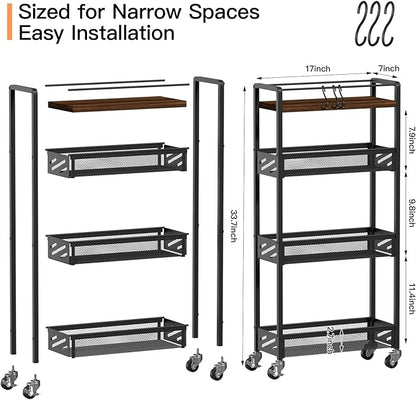 DGSNADGO Slim Rolling Storage Cart, 4-Tier Kitchen Cart on Wheels, Narrow Utility Cart with Handle and Wooden Tabletop for Small Space in Kitchen, Living Room, Bathroom, Rustic Brown and Black