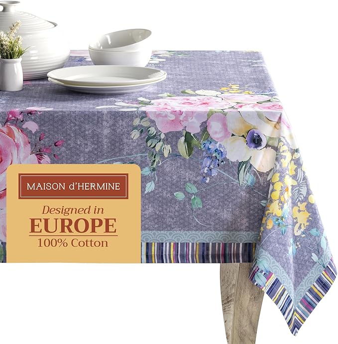Maison d' Hermine Table Cloth Rectangle Table 100% Cotton 60 x 90 Inches Tablecloth Reusable for Dining Room, Farmhouse, Home, Party, Festive & Wedding Spring Summer - Sweet Rose Lavender - Lush
