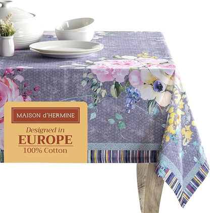 Maison d' Hermine Table Cloth Square Table 100% Cotton 60 x 60 Inches Tablecloth Reusable for Dining Room, Farmhouse, Home, Party, Festive & Wedding Spring Summer - Sweet Rose Lavender - Lush