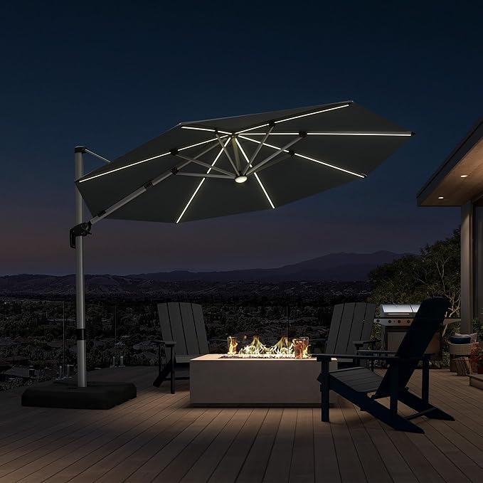 PURPLE LEAF Cantilever Patio Umbrella 11ft Round Solar LED Light, Stays bright by PURPLELEAF