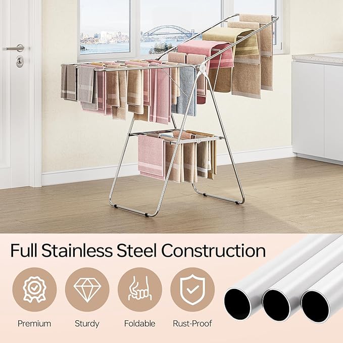 APEXCHASER Clothes Drying Rack Folding - Stainless Steel Drying Rack Clothing Height-Adjustable, Foldable Laundry Rack, Space-Saving, Collapsible for Indoor Outdoor Use for Clothe, Towels, Chrome