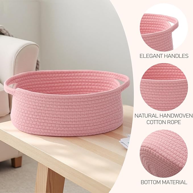 Woven Basket,Small Rope Storage Bin with Handles & Ribbon Bag, Organizer for Shelves Closets,Gift Basket Empty for Birthday,Books,Dog Toys, Pink