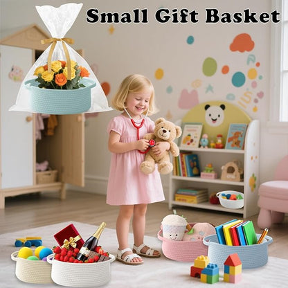 Gift Basket with Gift Bag and Ribbons,Small Rope Woven Shelf Storage,Baskets for Gifts Empty,Birthday,Baby Shower,Decorative Organizer Box with Handles(Aqua)