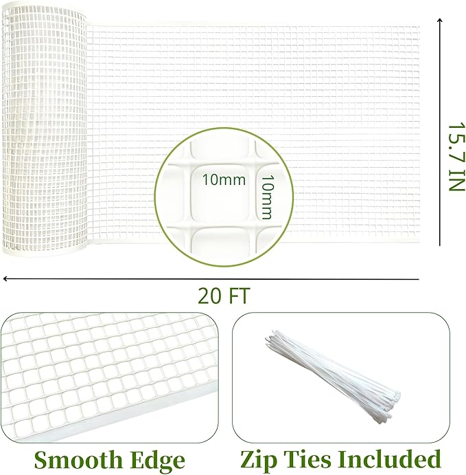 PotatoLife Plastic Wire Mesh Fence, Balcony Fence for Baby and Pets, Safety Fence, Stair Protector, Poultry, Garden, Tree Support, Durable Material, Free Zip Ties (White, 15.7'' x 20')