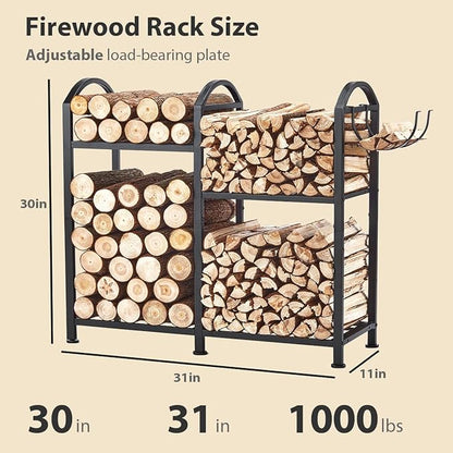 Firewood Rack Indoor With Hooks, 31inch Firewood Rack, log holders for firewood outdoor, Fireplace Wood holder Indoor, Adjustable Small Fire Wood Storage