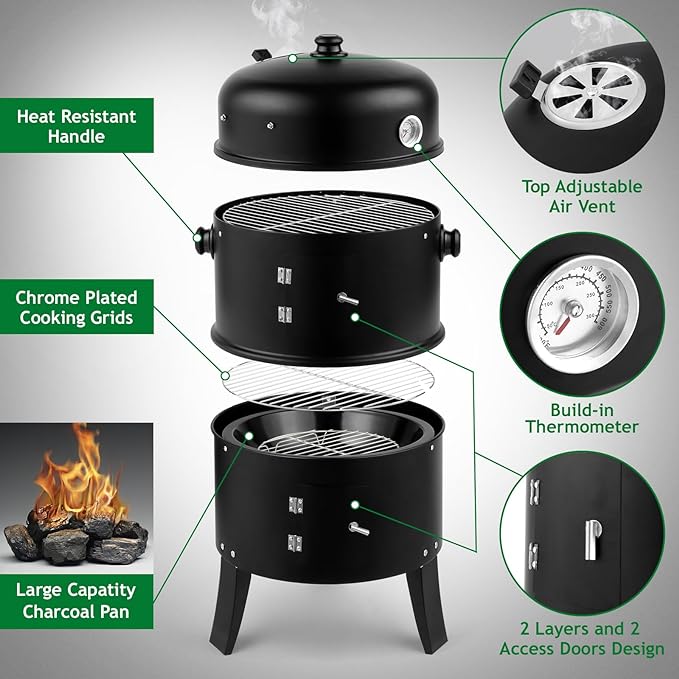 3-in-1 Vertical Charcoal Smoker Grill - Heavy Duty Portable Outdoor BBQ with Smoking Function, Built-in Thermometer, Air Vent & 2 Access Doors for Backyard Parties, Camping
