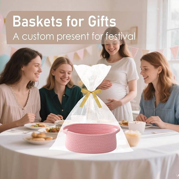 Woven Basket,Small Rope Storage Bin with Handles & Ribbon Bag, Organizer for Shelves Closets,Gift Basket Empty for Birthday,Books,Dog Toys, Pink